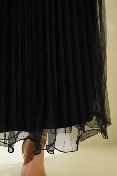 Bel Lastikli Pileli Fırfırlı Tül Etek Siyah - Resim 4