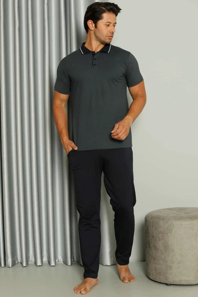 Gömlek Yaka Desenli Kısa Kol Erkek Pijama Takım Füme - 2