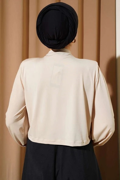 Omuz Vatkalı Degaje Yaka Sandy Bluz Bej - Resim 3
