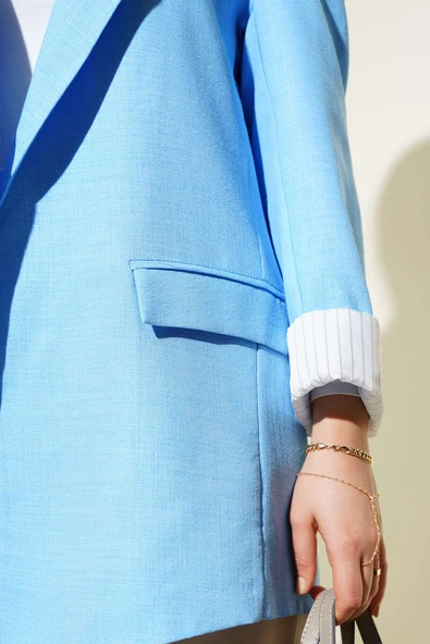 Çizgi Manşetli Keten Blazer Ceket Mavi - Resim 4