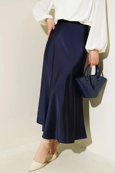 Bel Lastikli Saten Kloş Etek Lacivert ürün görseli 1