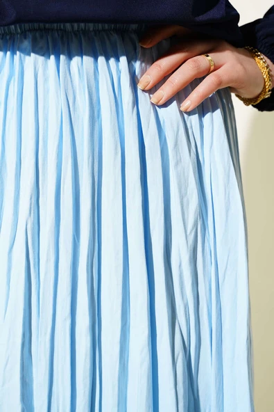 Sık Pileli Bel Lastikli Kırışık Etek Mavi - Resim 4