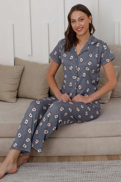 Kahve Bardağı Desen Düğmeli Pijama Takımı Kayrak Grisi