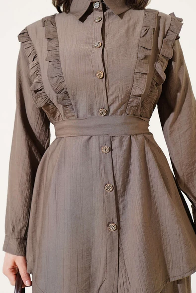 Önü Fırfırlı Kuşaklı İkili Takım Vizon - Resim 4