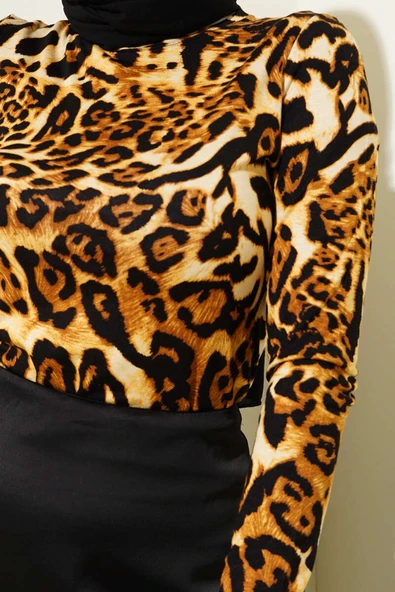 Leopar Desenli Basic Body Camel - Resim 4