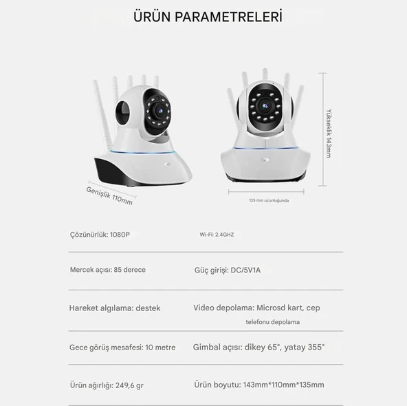 360 Dönebilen Bebek Monitörü 10m Gece Görüşlü Hareket Algılama Sensörlü 2 Yönlü İnterkom  CMR11