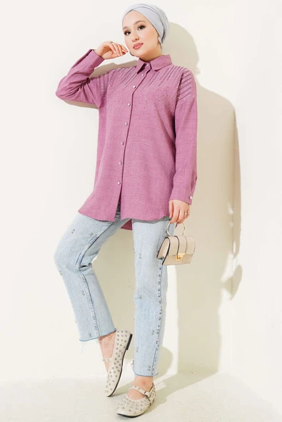 Omuz Taş Süslemeli Gömlek Gül Kurusu - Resim 2