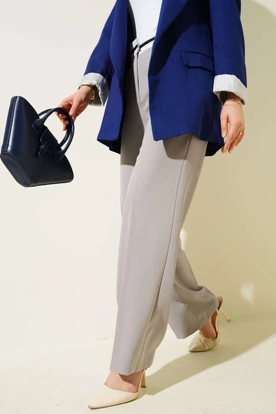 Bel Şeritli Palazzo Pantolon Taş - Resim 2