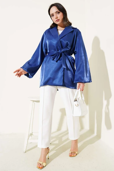 Kuşaklı Balon Kol Parlak Ceket Lacivert - 2