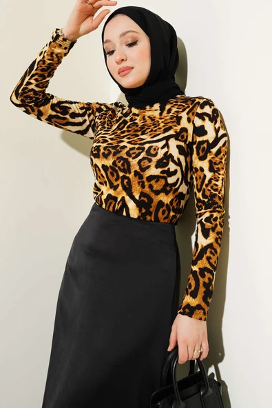 Leopar Desenli Basic Body Camel