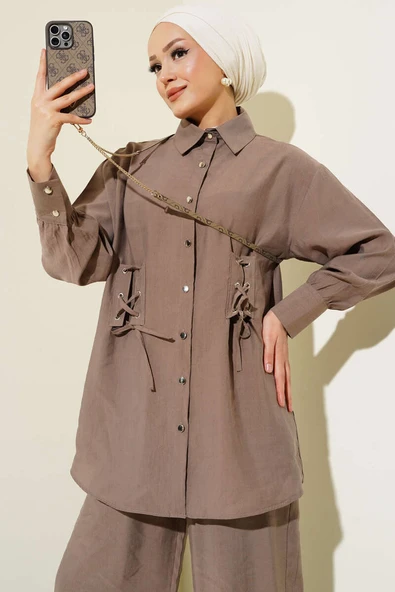 Kuş Gözü Detaylı Tunik İkili Takım Vizon - Resim 2