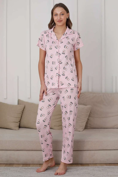 Kahve Bardağı Desen Düğmeli Pijama Takımı Pembe - 2
