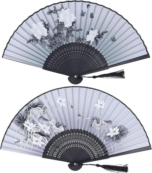 Beluga Yelpaze Bambu Serinletici Vintage Siyah Şık Püsküllü Japon Yelpaze 0334-0433 2 Adet
