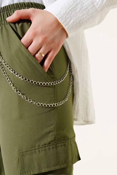 Paça Lastikli Zincirli Kargo Pantolon Haki - Resim 4