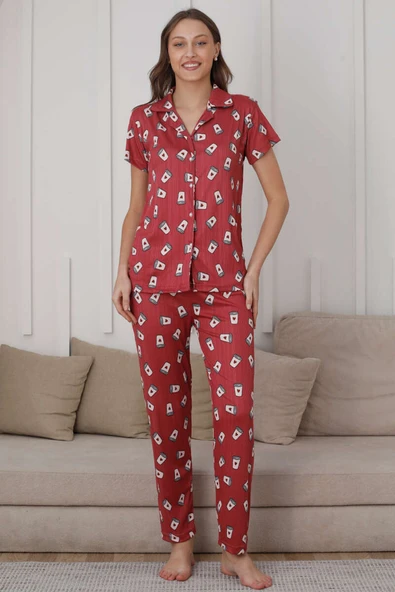 Kahve Bardağı Desen Düğmeli Pijama Takımı Magenta - 2