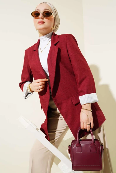 Çizgi Manşetli Keten Blazer Ceket Bordo