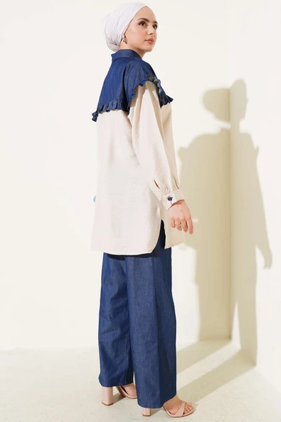 Fırfırlı Garnili Yarım Düğmeli İkili Takım Bej - Resim 3