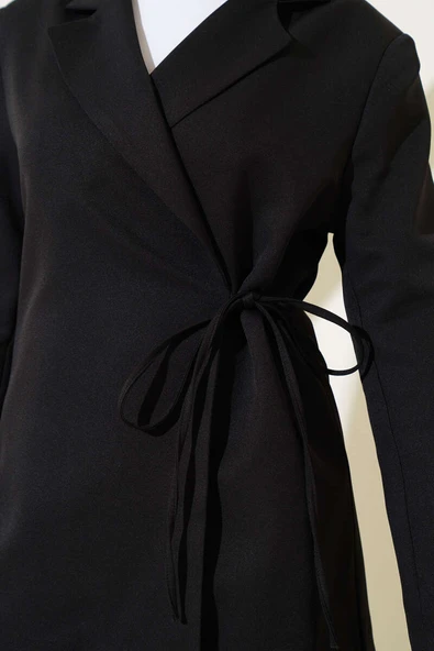 Yandan Bağlamalı Kruvaze Yaka Ceket Siyah - Resim 4