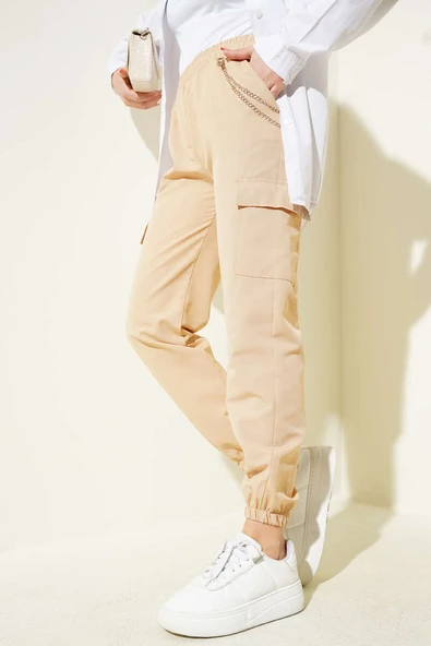 Paça Lastikli Zincirli Kargo Pantolon Camel - 1