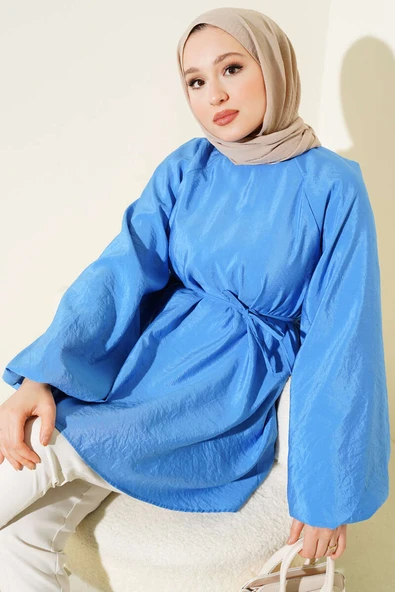 Reglan Balon Kol İp Kuşaklı Tunik Mavi