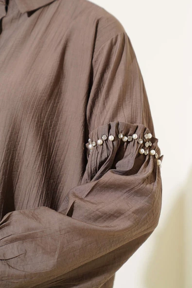 Kolu İnci Detaylı Gömlek Kahve - Resim 4