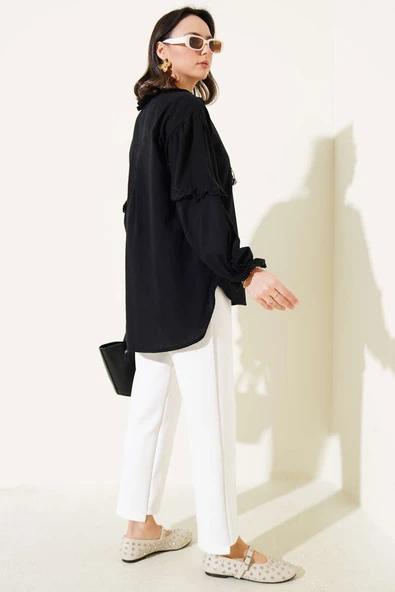 Kol Yaka Dantelli Püsküllü Gömlek Siyah - Resim 3