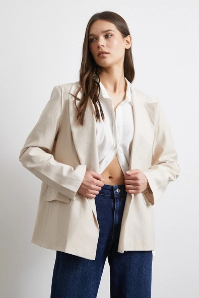 Çizgi Astarlı Dökümlü Blazer Ceket Bej - 4