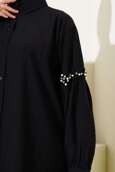Kolu İnci Detaylı Gömlek Siyah - Resim 4