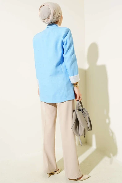 Çizgi Manşetli Keten Blazer Ceket Mavi - Resim 3