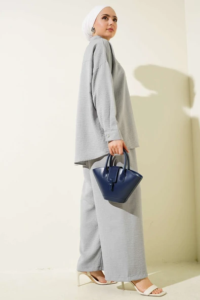 Çiçek Aksesuarlı Tunik İkili Takım Gri - Resim 3