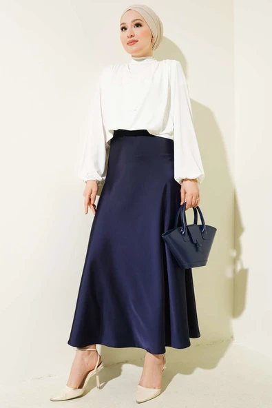Bel Lastikli Saten Kloş Etek Lacivert - Resim 2