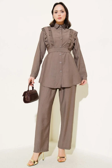 Önü Fırfırlı Kuşaklı İkili Takım Vizon ürün görseli 1