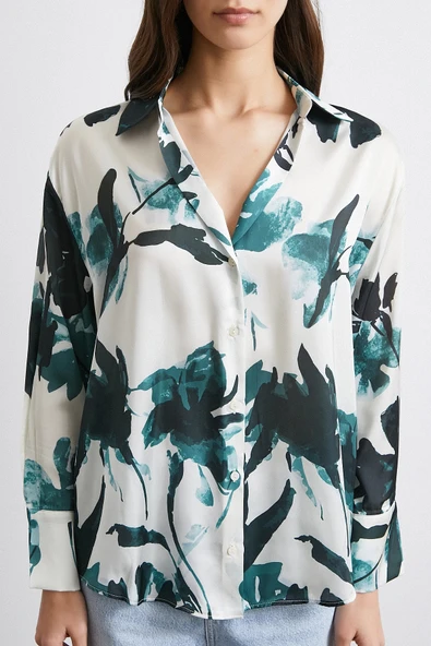 Saten Yüzeyli Desenli Gömlek Yeşil - Resim 4