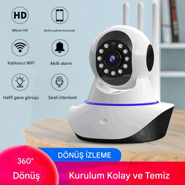 360° Dönebilen Bebek Monitörü 10M Gece Görüşlü Hareket Algılama Sensörlü 2 Yönlü Interkom 3 Antenli CMR5