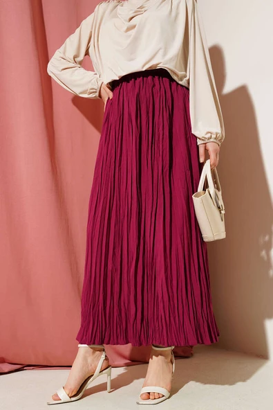 Sık Pileli Bel Lastikli Kırışık Etek Bordo ürün görseli 1