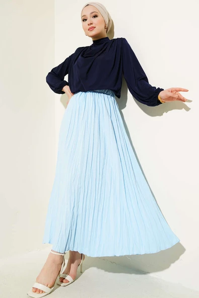 Sık Pileli Bel Lastikli Kırışık Etek Mavi - Resim 2