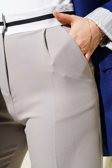 Bel Şeritli Palazzo Pantolon Taş - Resim 4