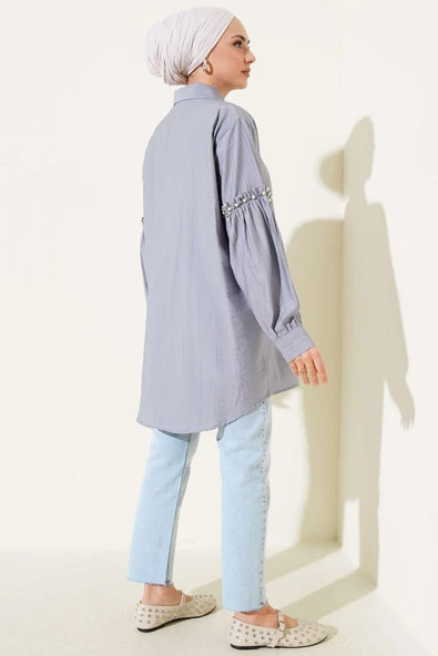 Kolu İnci Detaylı Gömlek Gri - Resim 3