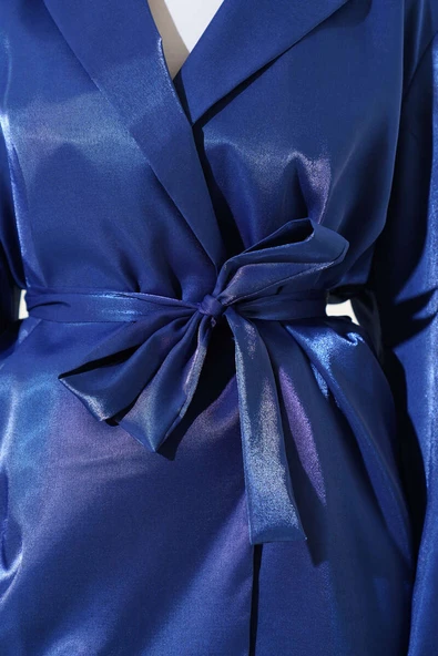 Kuşaklı Balon Kol Parlak Ceket Lacivert - 4