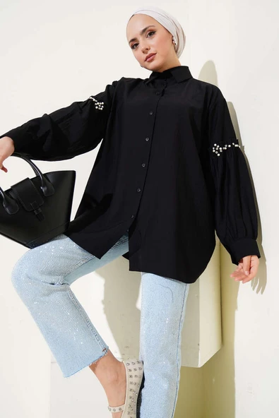 Kolu İnci Detaylı Gömlek Siyah ürün görseli 1