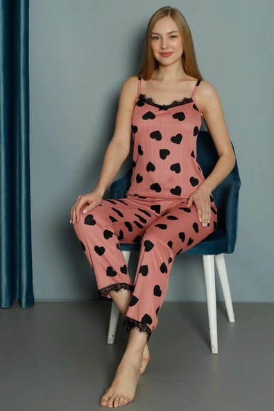 İp Askılı Dantelli Kalp Desenli Pijama Takımı Gül Kurusu - 1