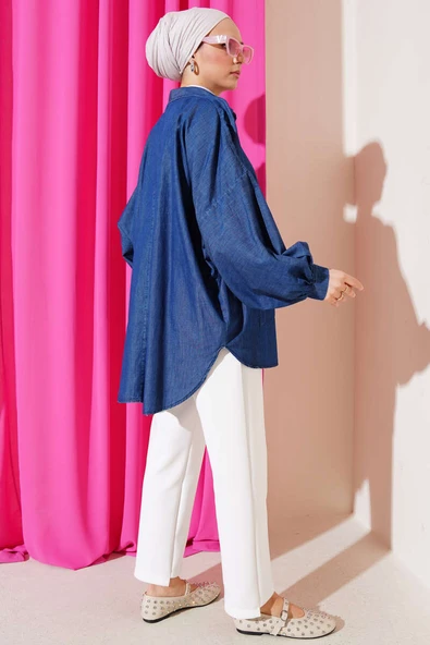 Yarasa Kol Cepli Oversize Kot Gömlek Koyu Mavi - 3