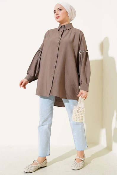 Kolu İnci Detaylı Gömlek Kahve - Resim 2