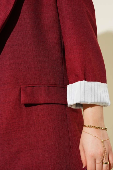Çizgi Manşetli Keten Blazer Ceket Bordo - 4