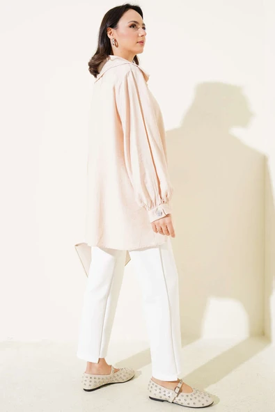 Önü Parlak Taşlı Oversize Tunik Bej - 3