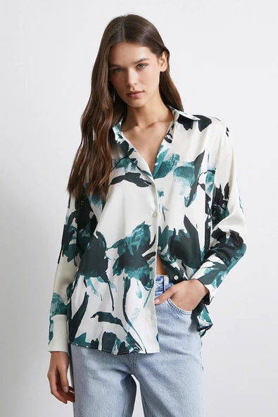 Saten Yüzeyli Desenli Gömlek Yeşil - Resim 3