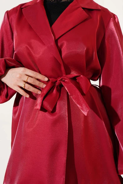 Kuşaklı Balon Kol Parlak Ceket Bordo - 4