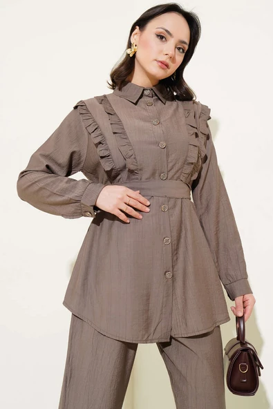 Önü Fırfırlı Kuşaklı İkili Takım Vizon - Resim 2