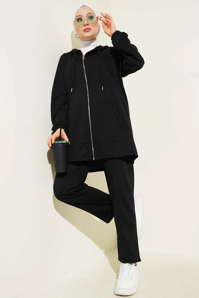 Kanguru Cepli Fermuarlı İkili Takım Siyah ürün görseli 1