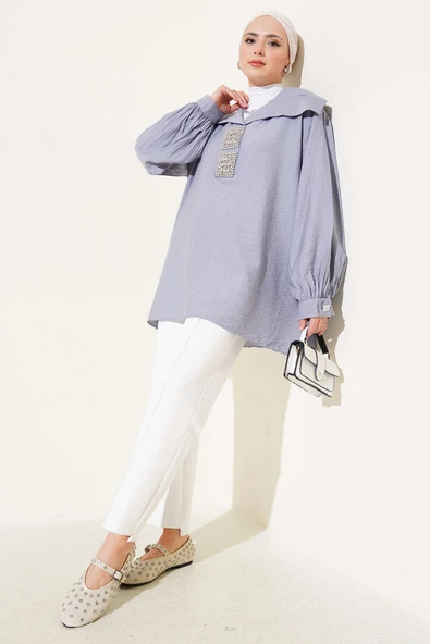 Önü Parlak Taşlı Oversize Tunik Gri - Resim 2